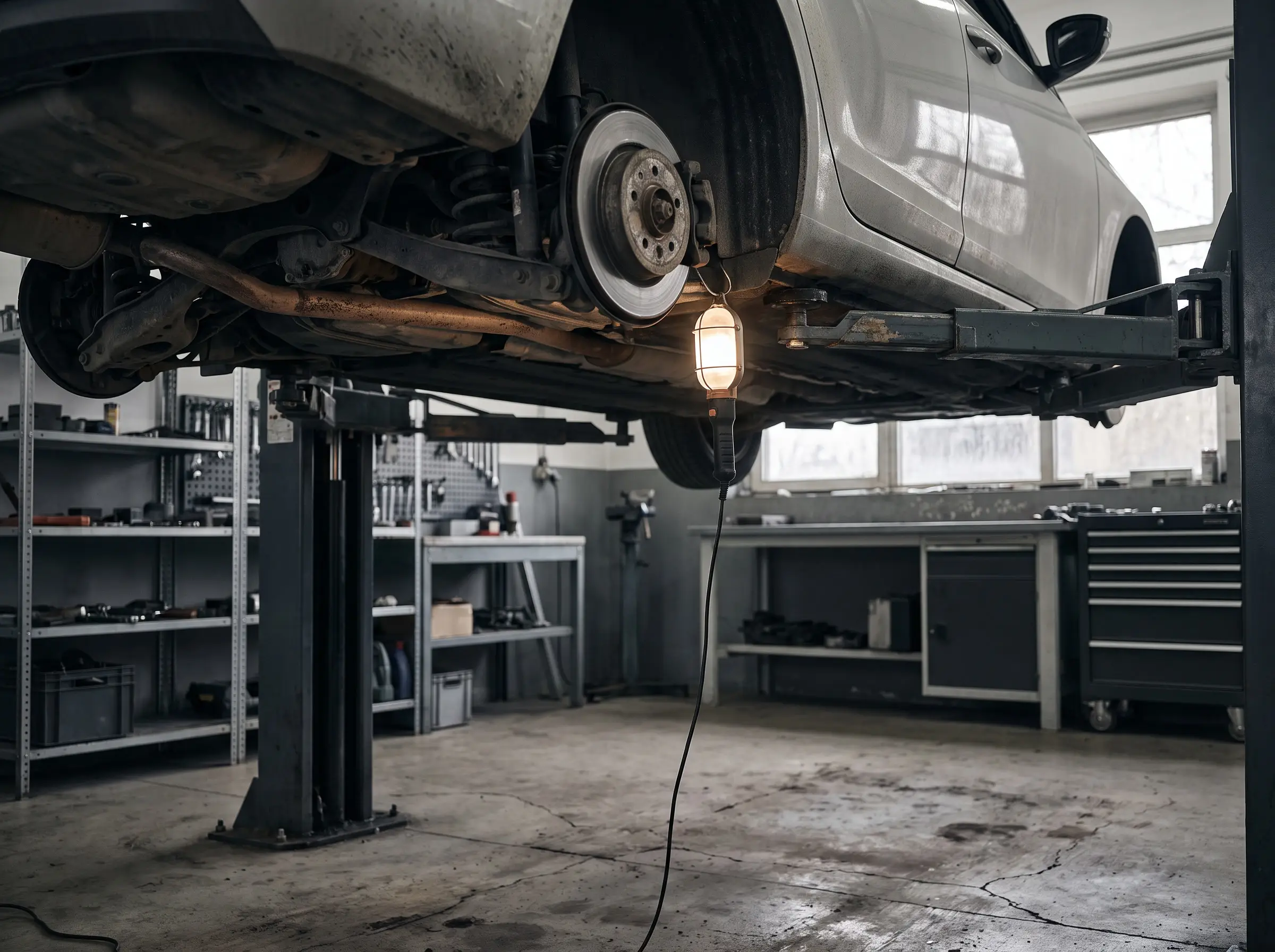 The underside of a car on a two-post ramp, brakes and suspension lit for inspection.